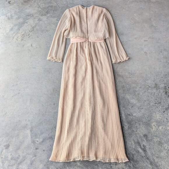 Vintage Miss Elliette Tan Beige Pleated Crinkle Maxi Dress Gown - Picture 13 of 13